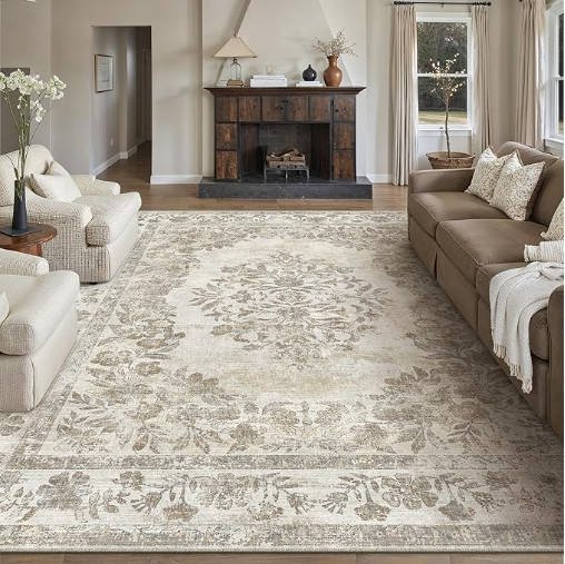 CECGMAT 6x9 Area Rug Beige Washable Vintage Distressed Living Room Carpet Large Bedroom Indoor Medallion Floral Non Slip Retro Throw Floor Mat