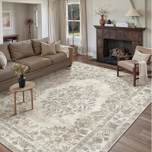 CECGMAT 6x9 Area Rug Beige Washable Vintage Distressed Living Room Carpet Large Bedroom Indoor Medallion Floral Non Slip Retro Throw Floor Mat - Image 2