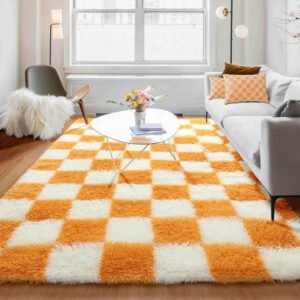 CECGMAT Soft Fluffy 5x8 Orange and Cream White Rugs Living Room Carpets, Large Fuzzy Checkered Shag Area Rug Big Carpet for Bedroom