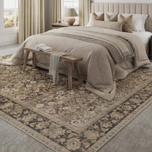 CECGMAT 5x7 Machine Washable Rugs Brown Hallway Area Rug Indoor Accent Rug Floral Low Pile Carpet Soft Throw Aesthetic Rug Bedroom